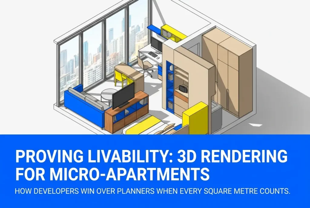 3D rendering of a micro-apartment layout showing furniture, windows, and storage — 3D Rendering for Urban Living Micro-Apar