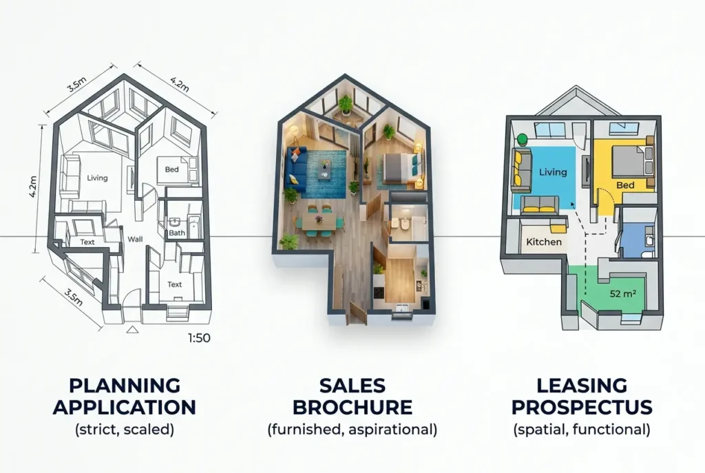 Three different 3D floor plan visualizations: scaled, furnished, and functional, illustrating design document types — How A