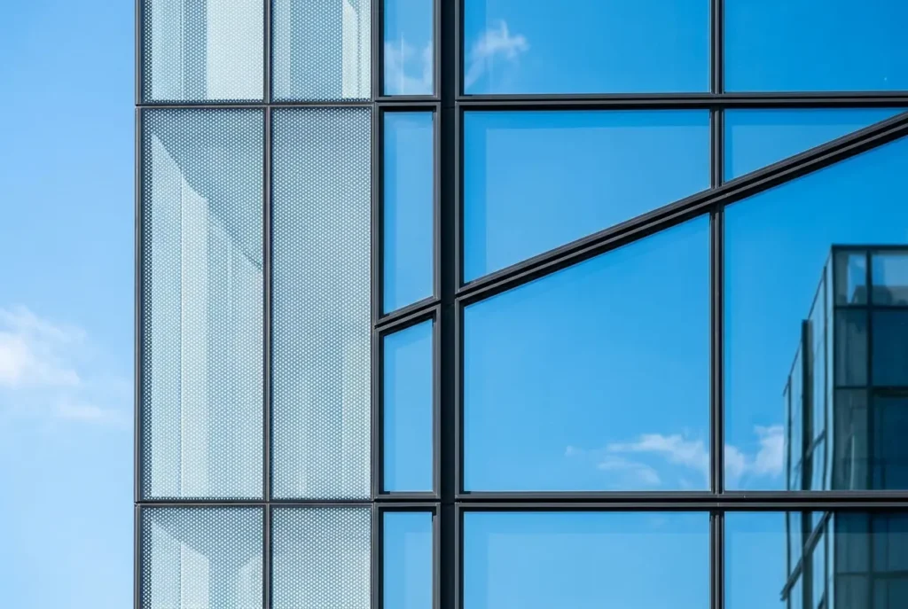Close-up of a modern building facade with glass panels reflecting a blue sky — How to Render Glass Facades Accurately: Refl