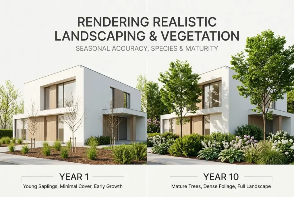 Comparison of architectural landscaping realism at year 1 with saplings versus year 10 with mature trees — How to Render Re