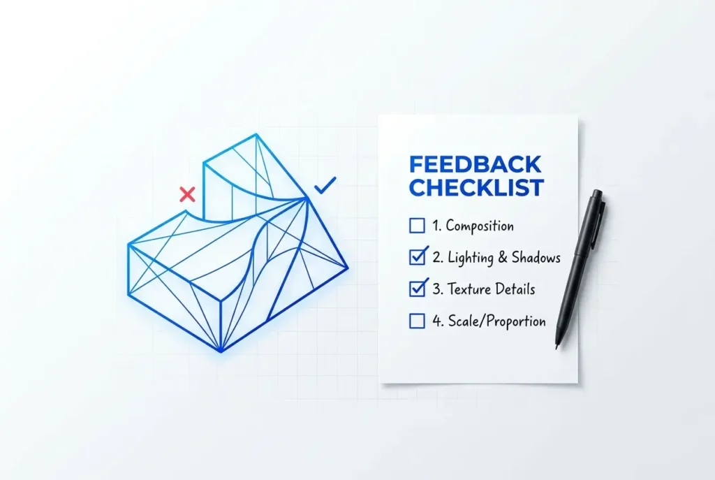 Feedback checklist with checked items next to a 3D render draft and pen — How to Review a 3D Render Draft: A Practical Feed