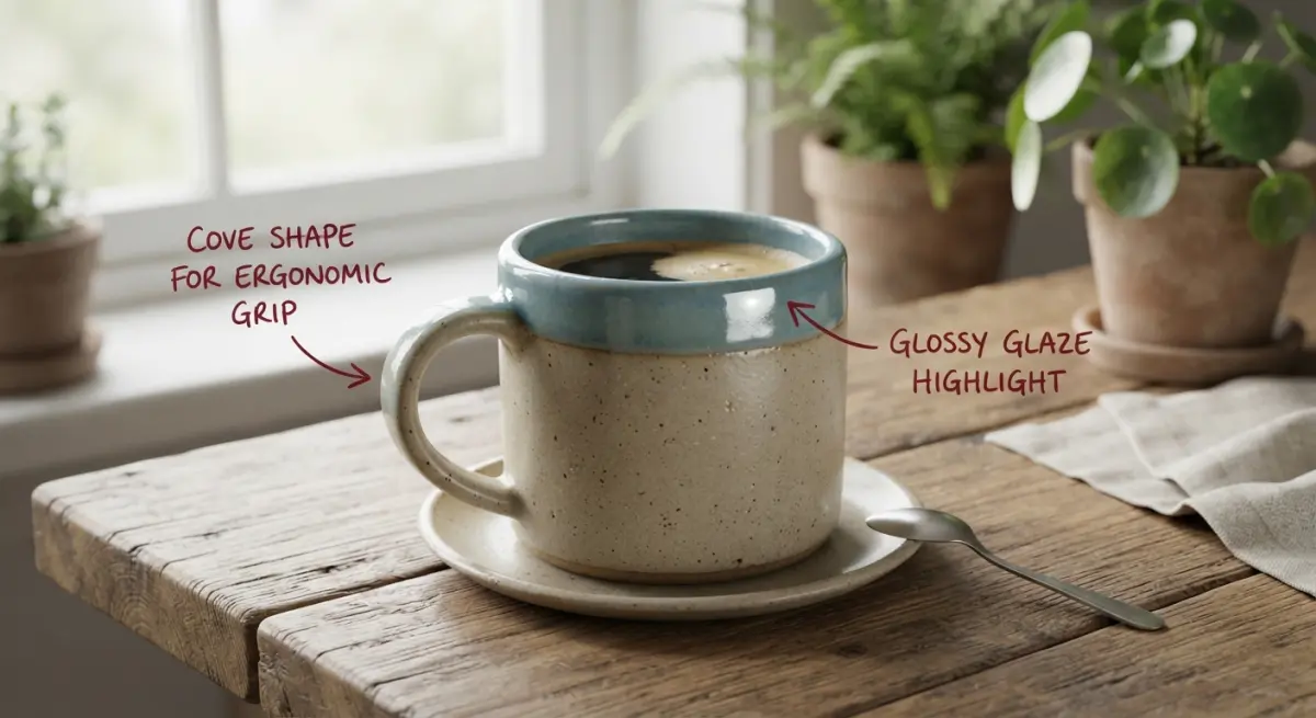 Close-up of a coffee mug with text labels pointing out its ergonomic grip and glossy glaze highlight