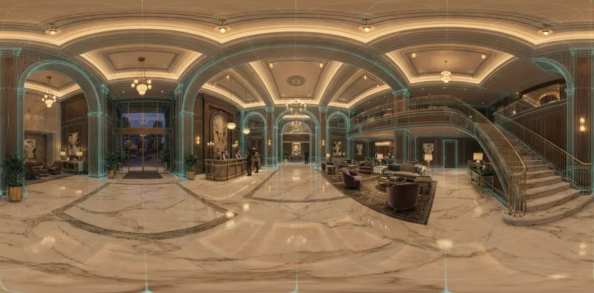 360 rendering of a grand hotel lobby with marble floors, chandeliers, and a staircase, showcasing interior design for pre-ope