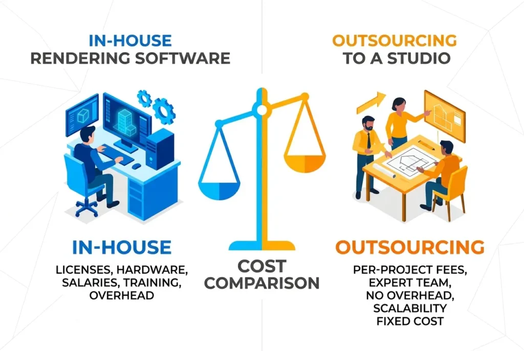 Illustration comparing in-house rendering software costs against outsourcing to a studio with a balance scale — In-House Re