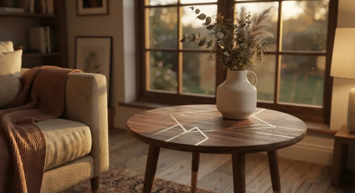 A 3D render of a living room scene with a sofa, coffee table, and window in warm lighting