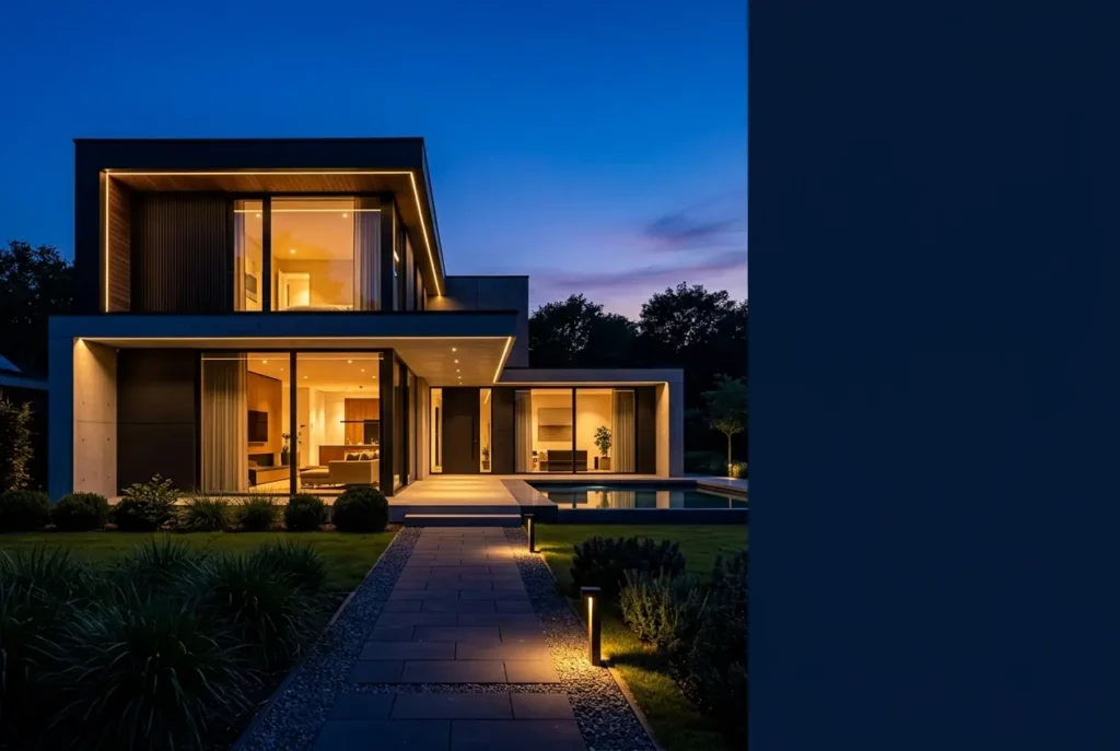 Modern house with illuminated exterior and pool at dusk — Night and Dusk Exterior Renders: When Twilight Visuals Outsell Da