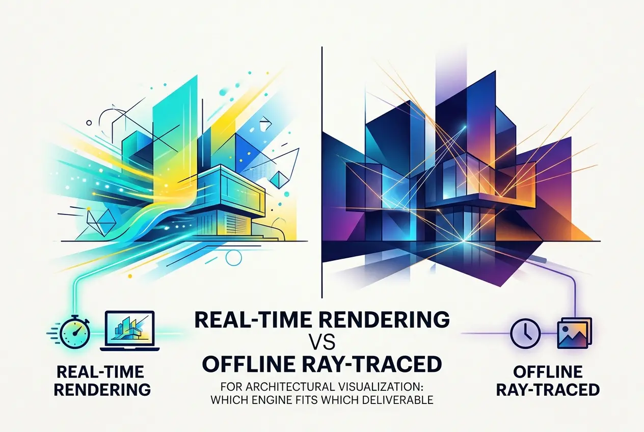 Illustration comparing real-time rendering and offline ray-traced rendering for architectural visualization — Real-Time Ren