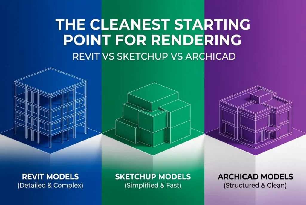 Comparison of Revit, SketchUp, and ArchiCAD models for rendering, highlighting their differences — Revit vs SketchUp vs Arc