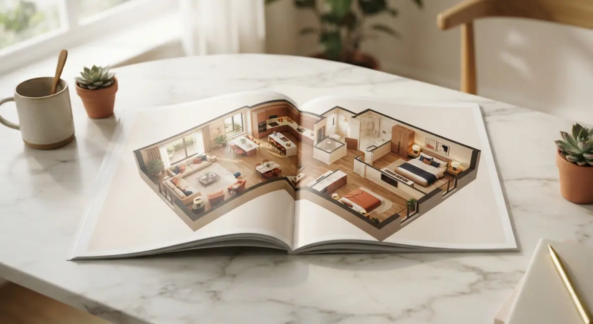 Open magazine displaying a detailed 3D floor plan of an apartment on a marble table