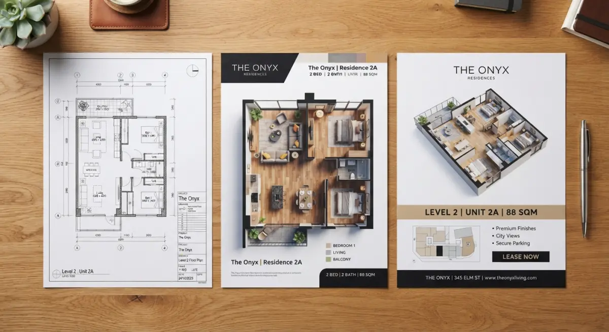 Three marketing materials displaying floor plans, 3D renderings, and apartment details on a wooden table
