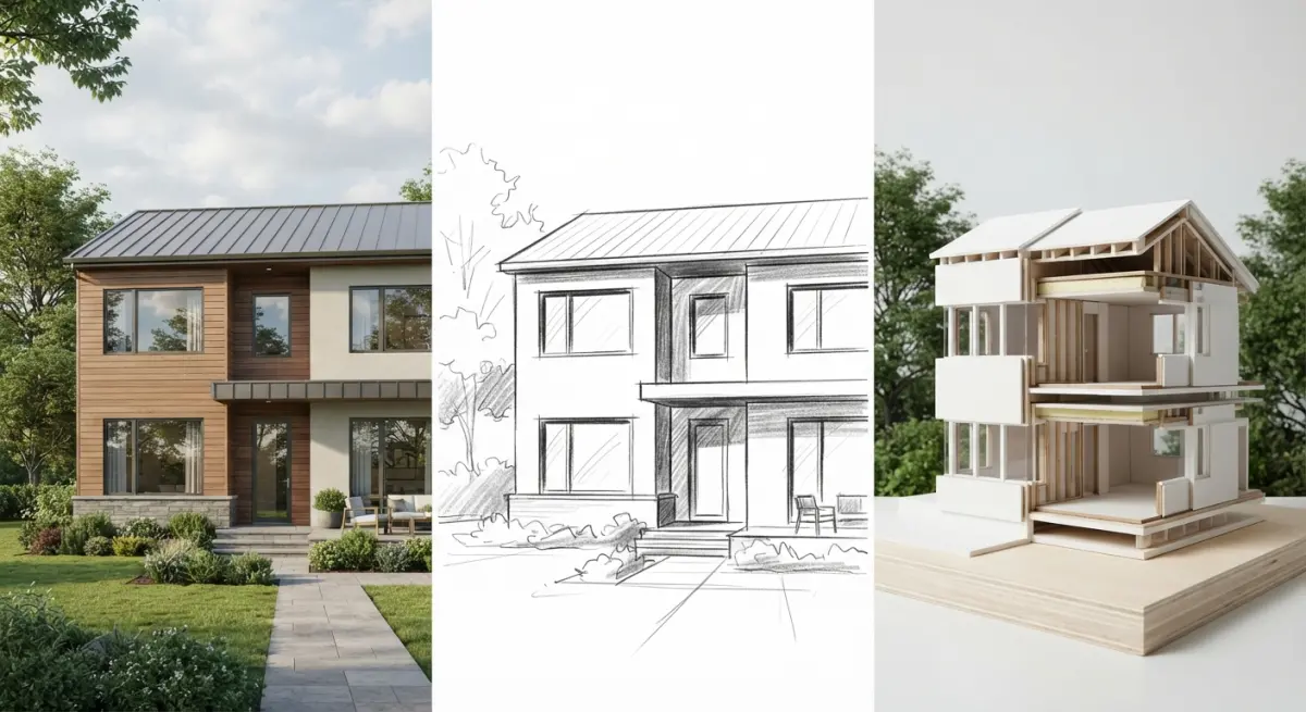 A 3D render, sketch, and architectural model of a modern house