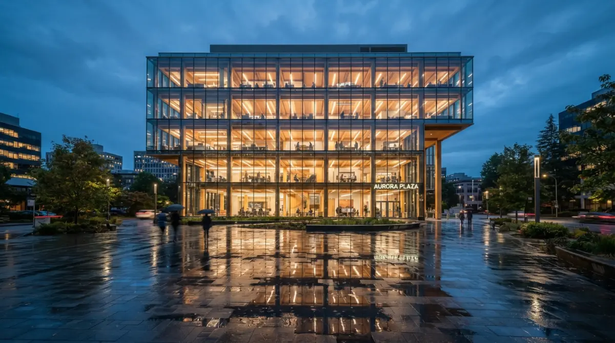 Glass and wood office building illuminated at dusk with wet pavement reflecting light