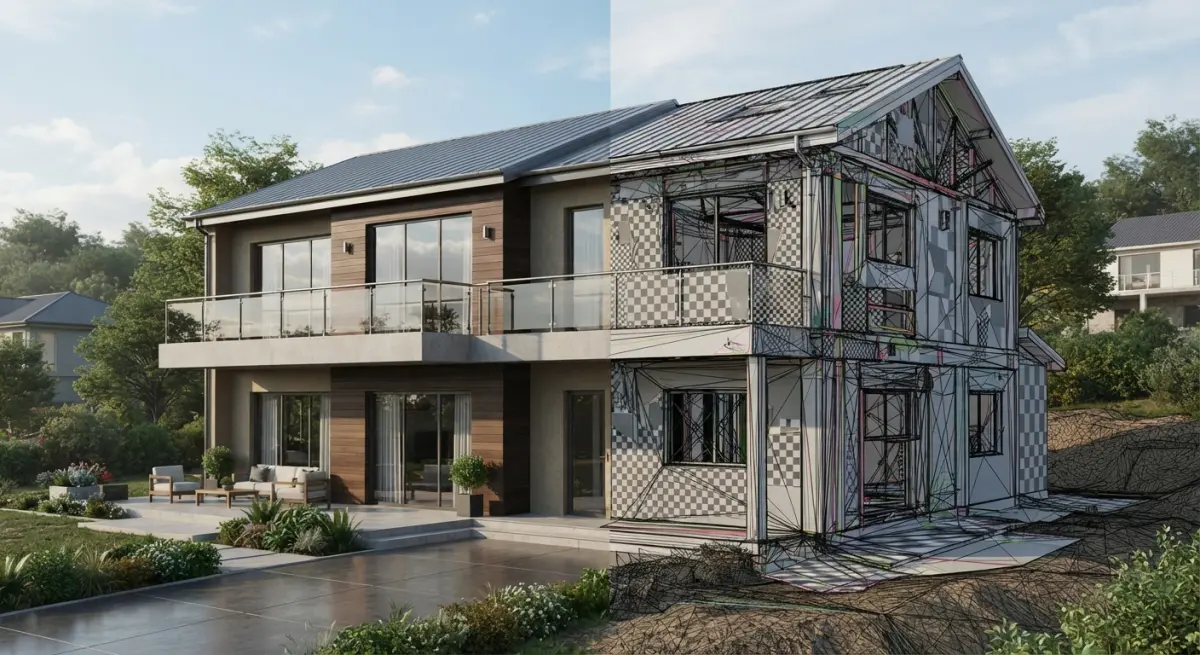 Split image showing a rendered modern house and its wireframe 3D model on the right