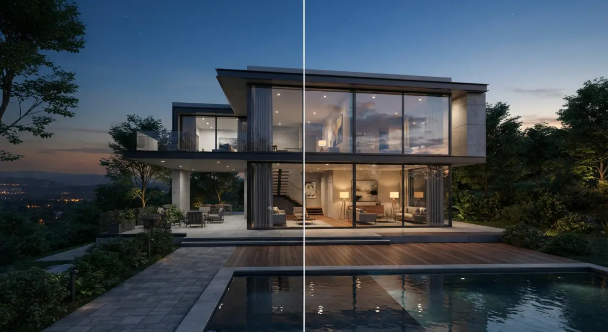 Split image showing a modern house exterior at dusk and its well-lit interior with a swimming pool