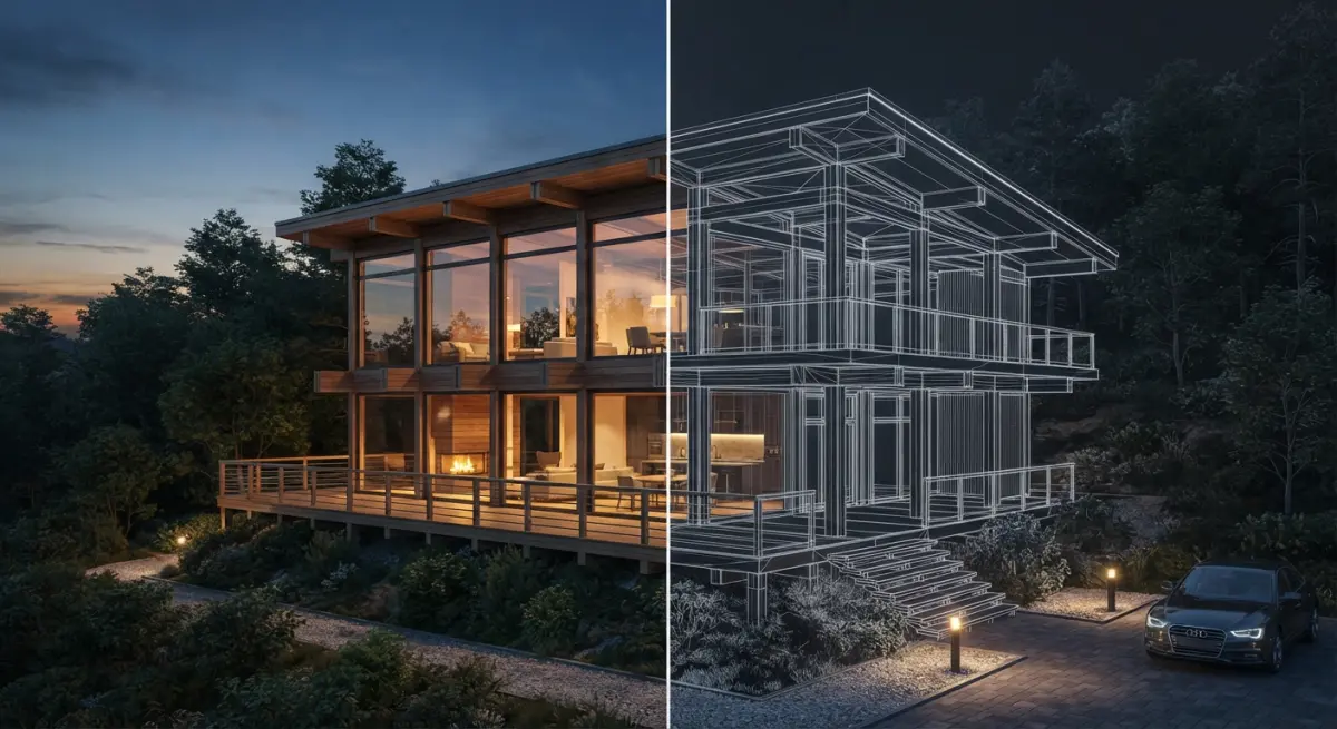 Split image showing a 3D house render alongside its wireframe model