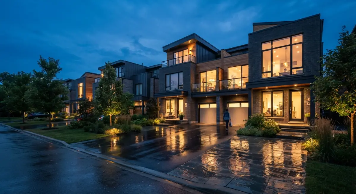 Modern townhouses with illuminated windows and balconies at dusk with wet pavement reflections