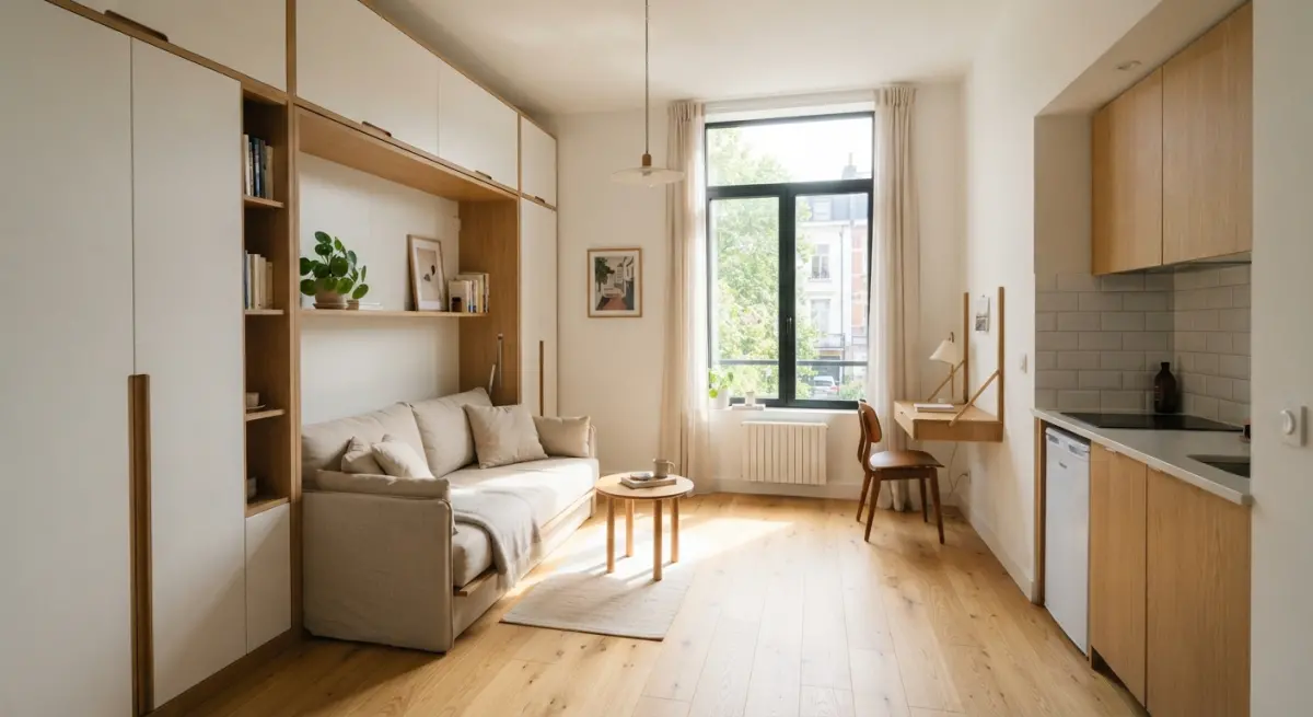3D rendering of a micro-apartment with a sofa, desk, and kitchenette, showcasing smart urban living