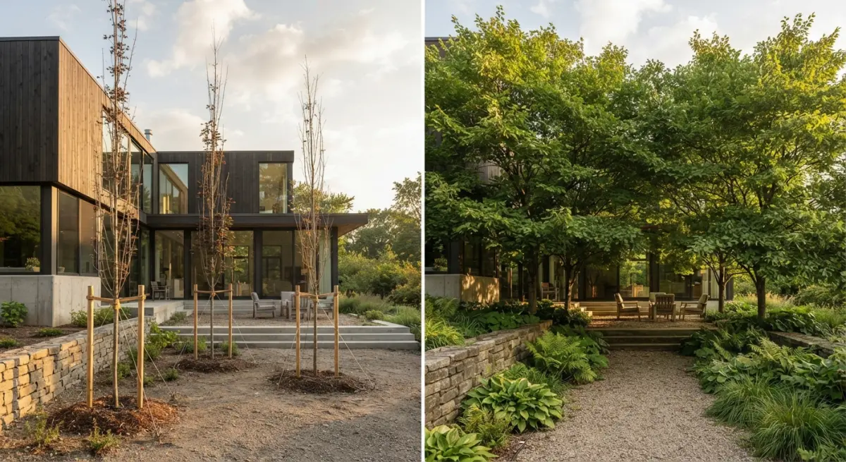 Modern house exterior showcasing landscaping at year 1 versus year 10