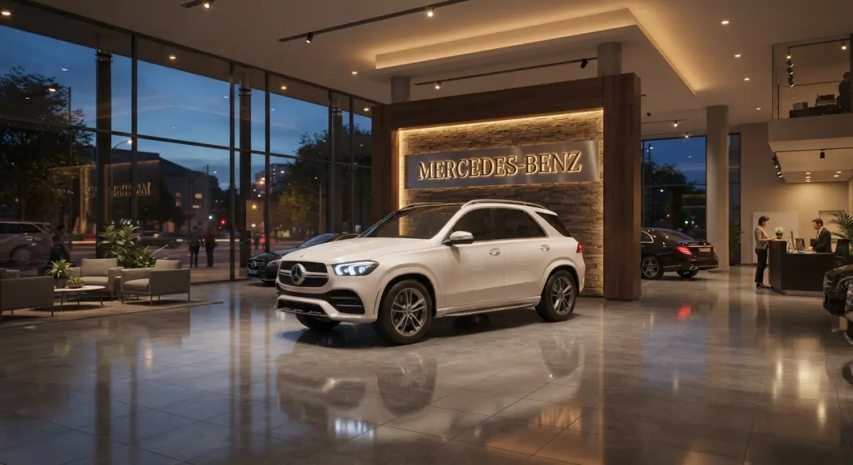 3D rendering of a modern Mercedes-Benz showroom featuring a white GLE SUV