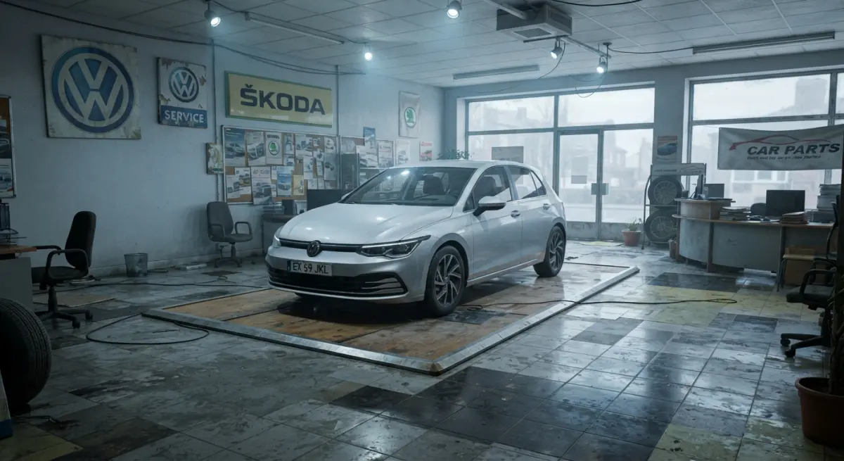 Silver Volkswagen Golf parked on a platform in a car dealership showroom, 3D render