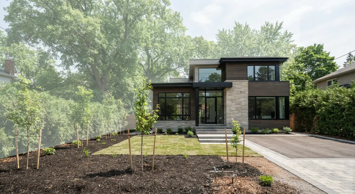 A modern house with stone and wood accents, featuring young trees in the front yard
