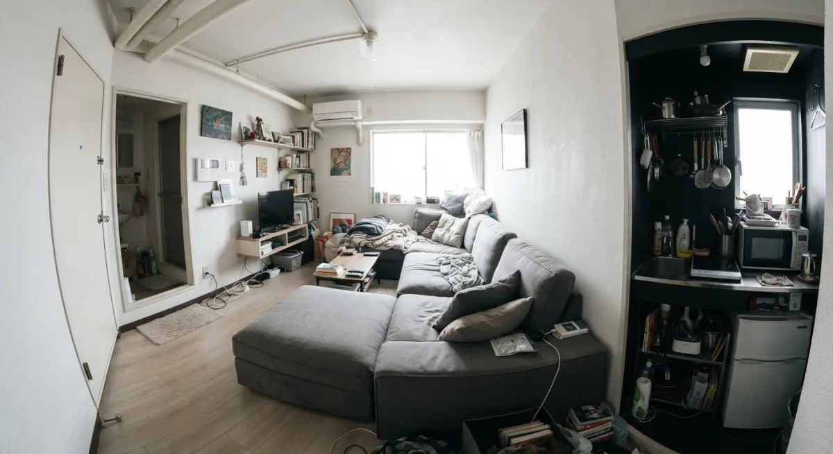 Cozy micro-apartment with L-shaped sofa, shelves, and compact kitchen area