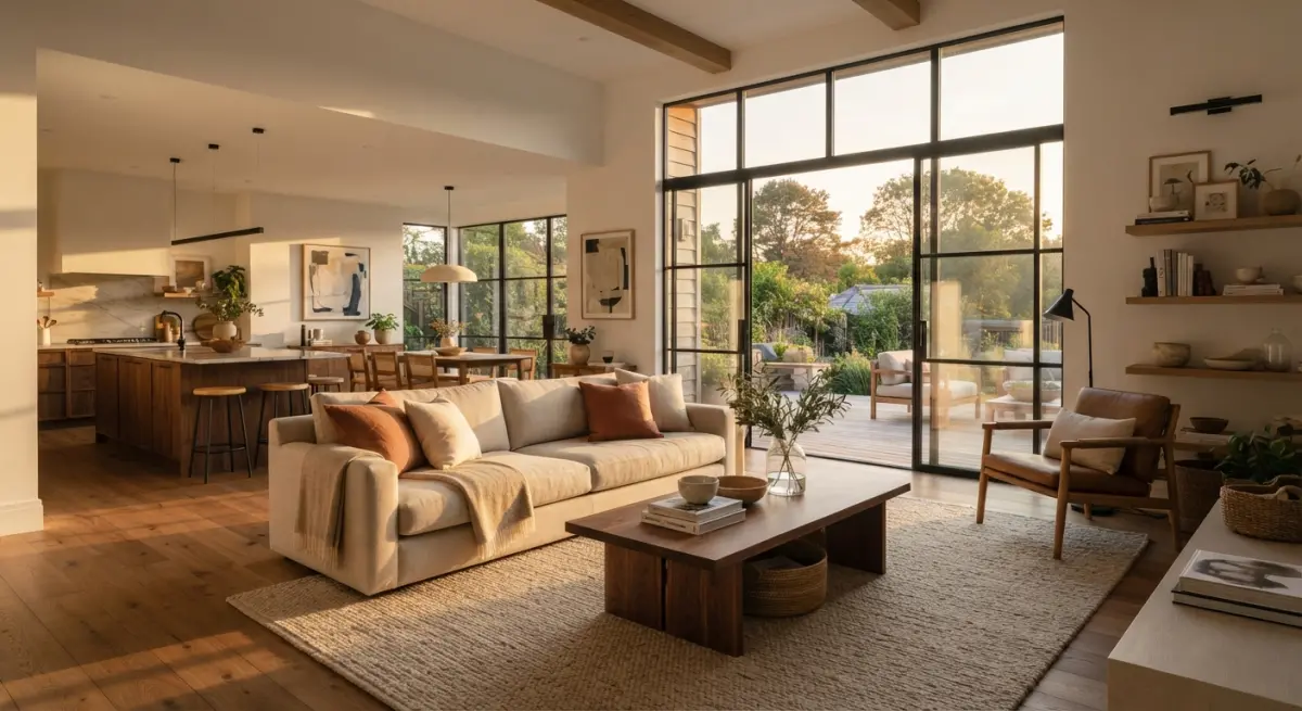 A modern living room and kitchen with large windows overlooking a garden